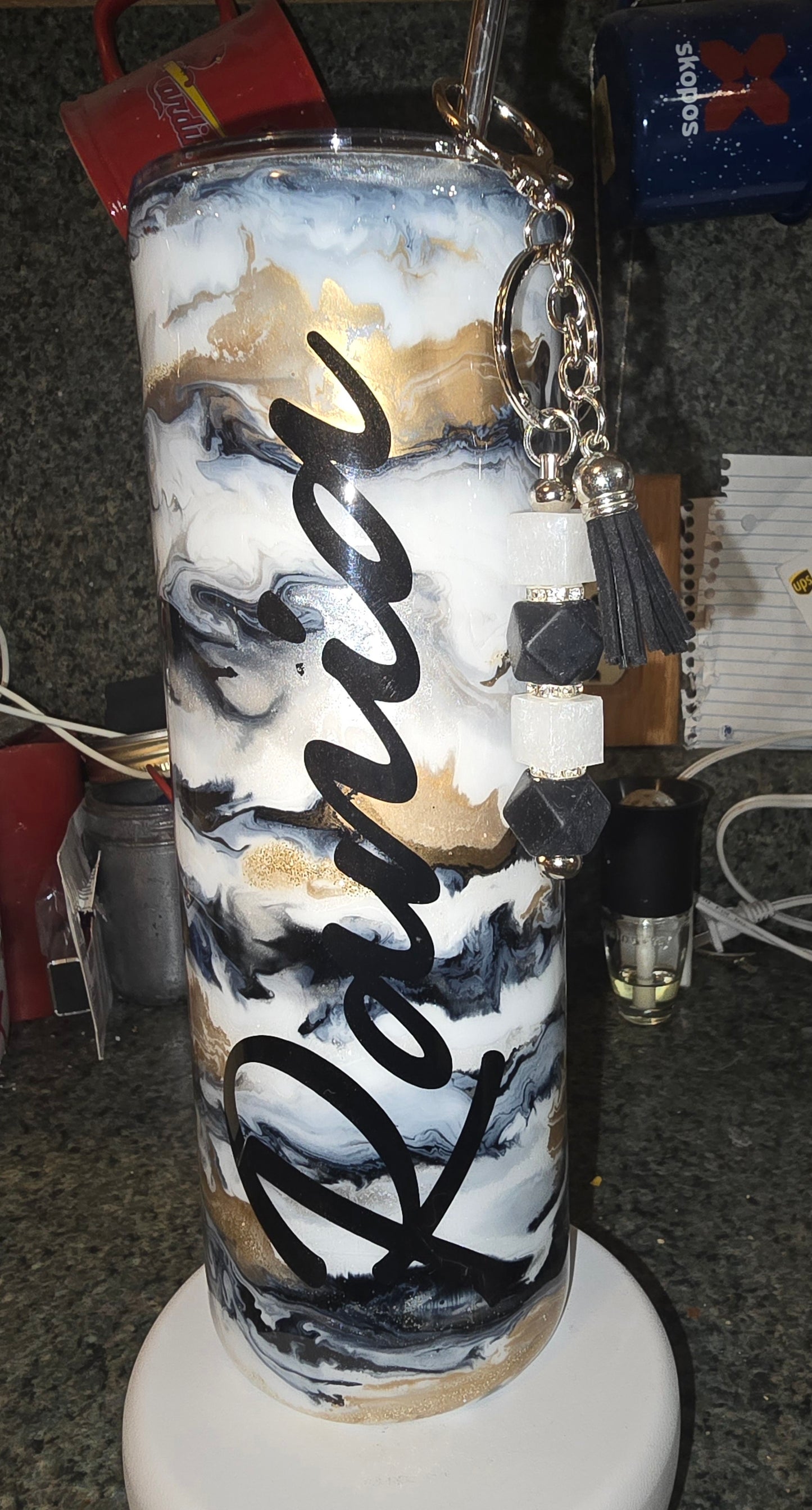 Custom- Black, Gold and Gray (Glow) with matching Glow keychain